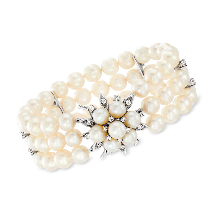 C. 1960 Vintage 6.5-7mm Cultured Pearl and .80 ct. t.w. Diamond Three-Row Bracelet in 14kt White Gold