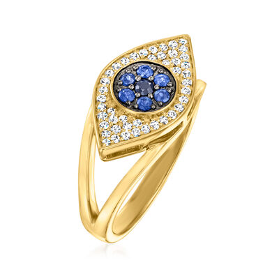 .22 ct. t.w. Diamond and .20 ct. t.w. Sapphire Evil Eye Ring in 14kt Yellow Gold