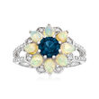 Opal and 1.00 Carat London Blue Topaz Flower Ring with .40 ct. t.w. White Topaz in Sterling Silver
