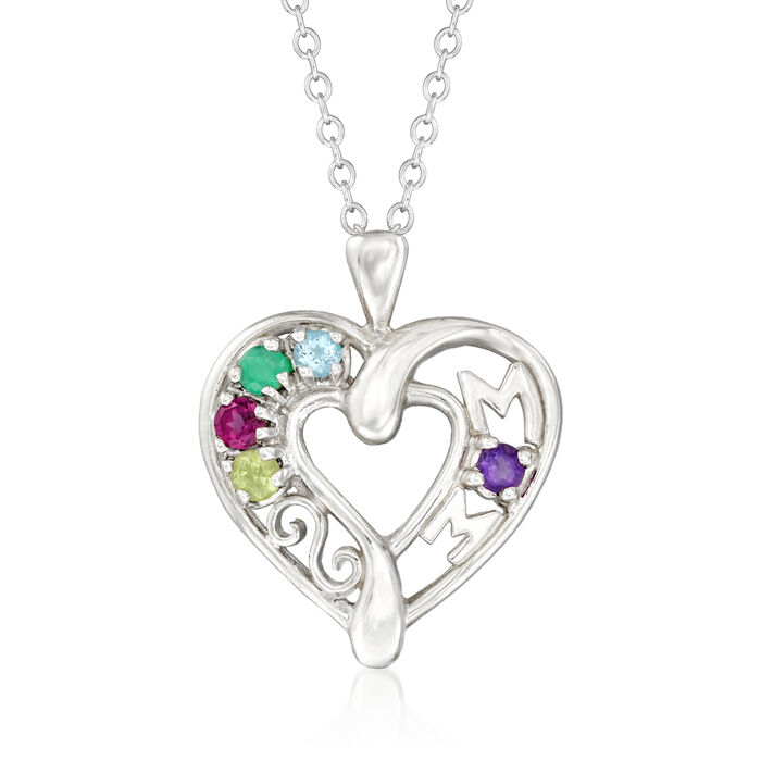 Personalized Mom Heart Pendant Necklace in Sterling Silver - 2 to 7 Birthstones