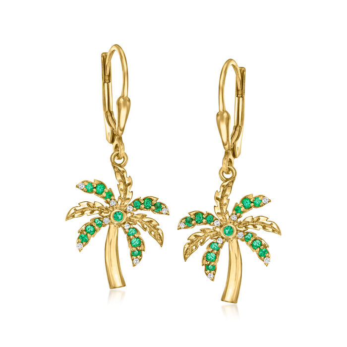 .20 ct. t.w. Emerald Palm Tree Drop Earrings with Diamond Accents in 18kt Gold Over Sterling