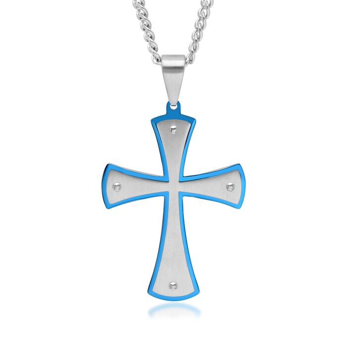 Men's White and Blue Stainless Steel Cross Pattee Pendant Necklace