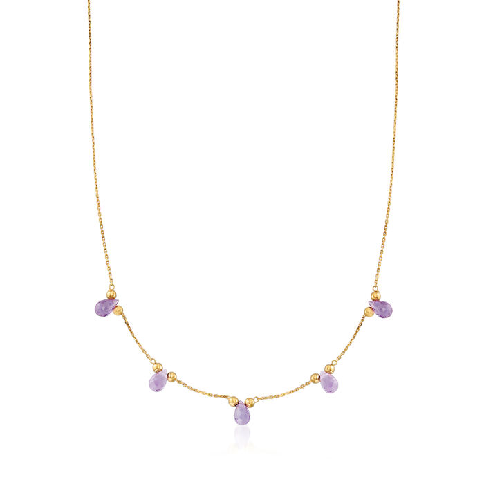 Italian 4.50 ct. t.w. Amethyst Drop Station Necklace in 14kt Yellow Gold