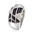 Belle Etoile &quot;Trilogy&quot; Black Rubber Ring with CZ Accents in Sterling Silver