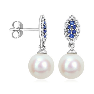 8-8.5mm Cultured Pearl and .14 ct. t.w. Diamond Drop Earrings with .10 ct. t.w. Sapphires in 14kt White Gold