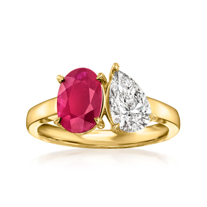 2.00 Carat Oval Ruby and 1.00 Carat Pear-Shaped Lab-Grown Diamond Toi et Moi Ring in 14kt Yellow Gold