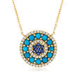 Turquoise and .10 ct. t.w. Sapphire Circle Necklace with .17 ct. t.w. Diamonds in 14kt Yellow Gold