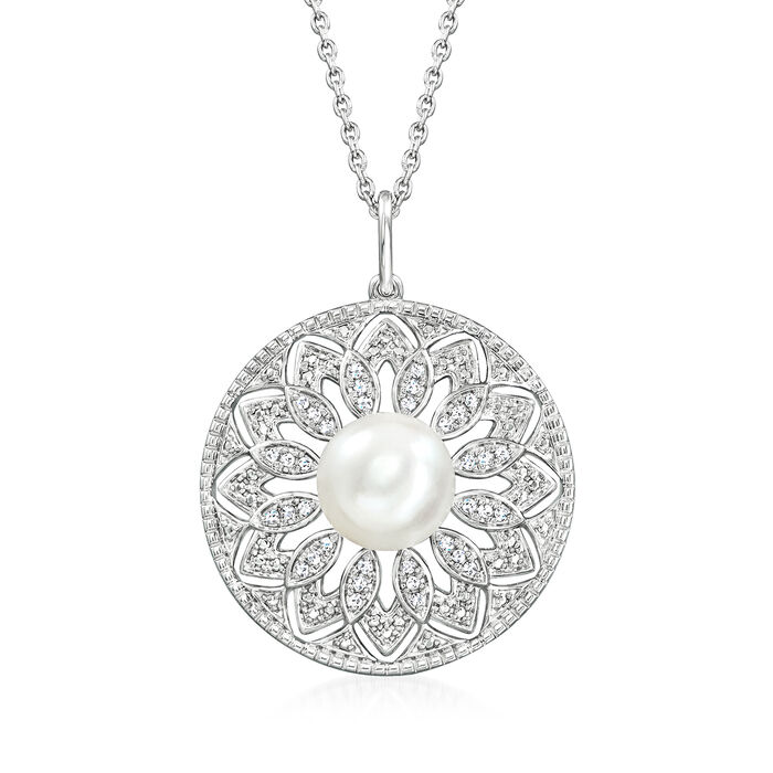 8-8.5mm Cultured Pearl and .10 ct. t.w. Diamond Circle Pendant Necklace in Sterling Silver