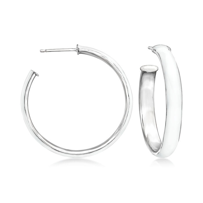 Italian White Enamel Hoop Earrings in Sterling Silver