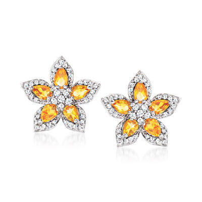 3.40 ct. t.w. Citrine and 1.90 ct. t.w. White Zircon Flower and Butterfly Drop Earrings in Sterling Silver