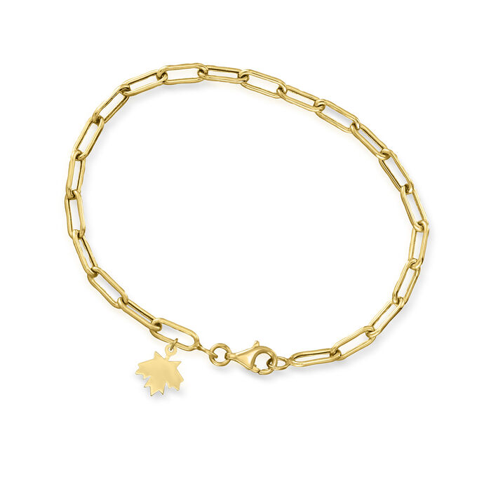 10kt Yellow Gold Maple Leaf Charm Paper Clip Link Bracelet