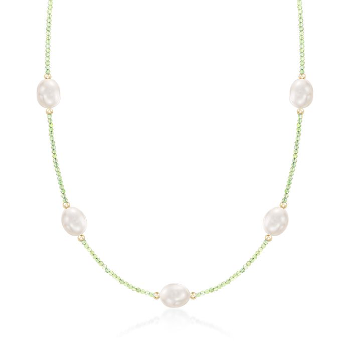 10-10.5mm Cultured Pearl and 12.00 ct. t.w. Peridot Bead Station Necklace with 14kt Gold