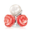 12-13mm Cultured Pearl and 13-14mm Carved Pink Coral Flower Ring in Sterling Silver
