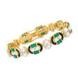 Green Chalcedony, 5mm Cultured Pearl and 1.10 ct. t.w. White Topaz Bracelet with Black Enamel in 18kt Gold Over Sterling