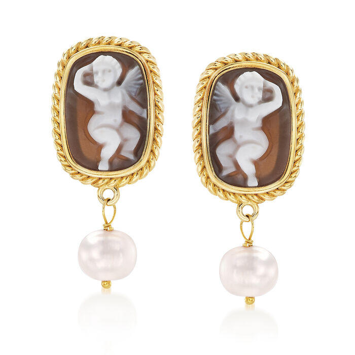 Italian 8mm Cultured Pearl Shell Cameo Earrings in 18kt Gold Over Sterling 