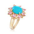 Turquoise and 1.20 ct. t.w. Pink Sapphire Ring with Diamond Accents in 14kt Yellow Gold