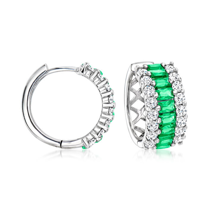 1.80 ct. t.w. Simulated Emerald and .90 ct. t.w. CZ Hoop Earrings in Sterling Silver