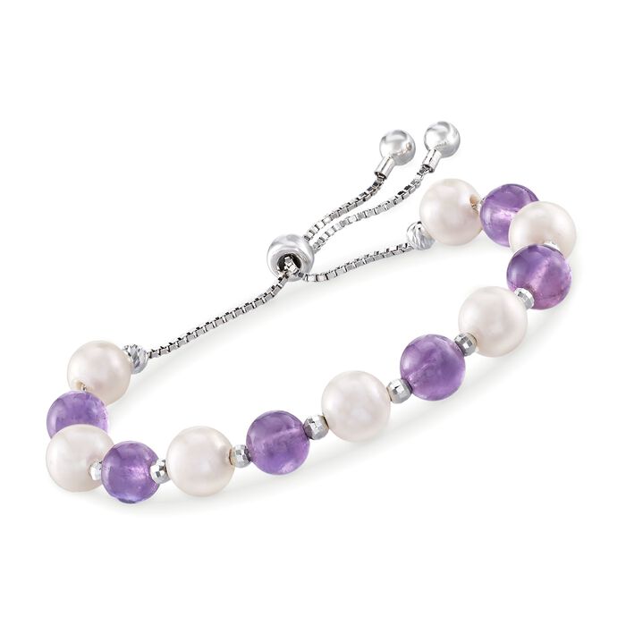8-9mm Cultured Pearl and 20.00 ct. t.w. Amethyst Bead Bolo Bracelet in Sterling Silver