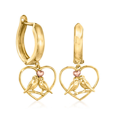 14kt Two-Tone Gold Lovebird Huggie Hoop Drop Earrings