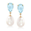 7.25 ct. t.w. Blue Topaz and 10-10.5mm Cultured Pearl Drop Earrings in 14kt Yellow Gold