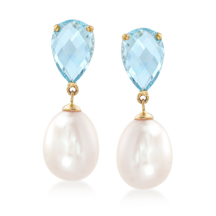 7.25 ct. t.w. Blue Topaz and 10-10.5mm Cultured Pearl Drop Earrings in 14kt Yellow Gold