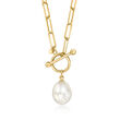 9.5-10mm Cultured Pearl Paper Clip Link Toggle Necklace in 14kt Yellow Gold