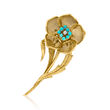 C. 1950 Vintage Turquoise Flower Pin in 18kt Yellow Gold