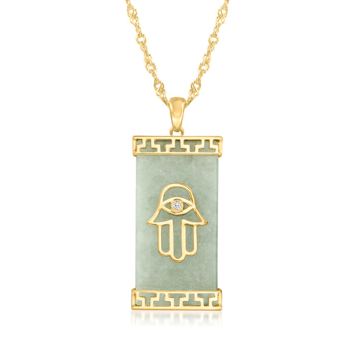 Jade Hamsa Pendant Necklace with Diamond Accent in 18kt Gold Over Sterling