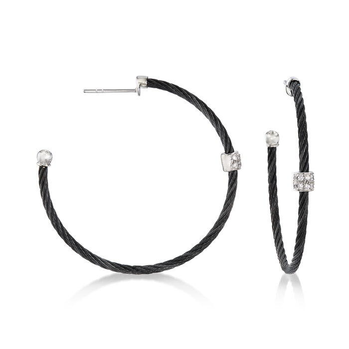 ALOR &quot;Noir&quot; .13 ct. t.w. Diamond Black Stainless Steel Cable Hoop Earrings with 18kt White Gold