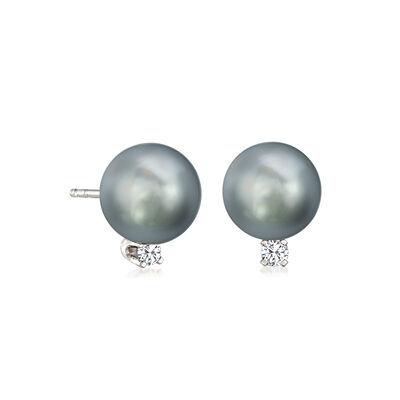 8-9mm Black Cultured Tahitian Pearl and .10 ct. t.w. Diamond Earrings in 14kt White Gold