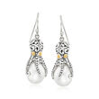 9-9.5mm Cultured Pearl Bali-Style Octopus Drop Earrings in Sterling Silver and 18kt Yellow Gold