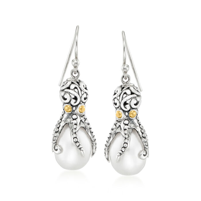 9-9.5mm Cultured Pearl Bali-Style Octopus Drop Earrings in Sterling Silver and 18kt Yellow Gold