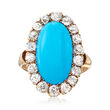 C. 1920 Vintage Aqua Turquoise and 1.10 ct. t.w. Diamond Halo Ring in 14kt Yellow Gold