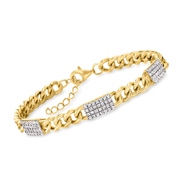 Italian .80 ct. t.w. CZ Bar and Curb-Link Bracelet in 18kt Gold Over Sterling