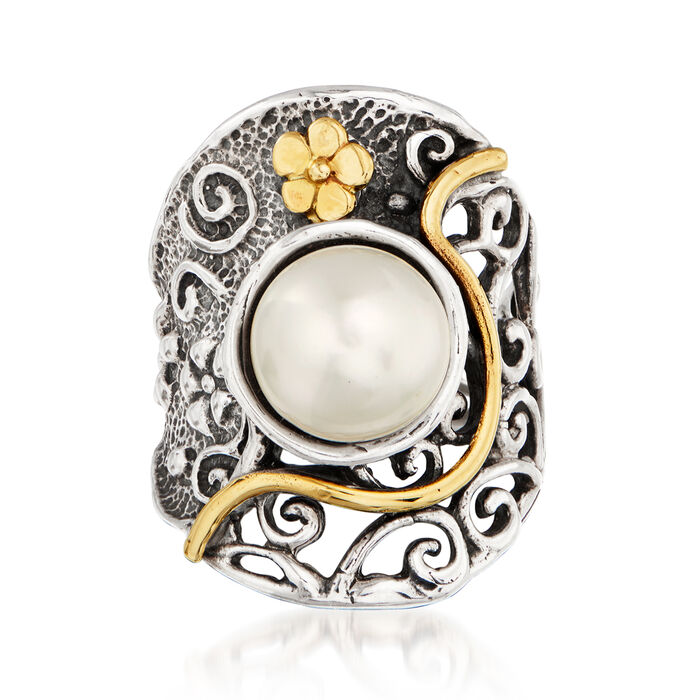 9.5-10mm Cultured Pearl Floral Ring in Sterling Silver with 14kt Yellow Gold