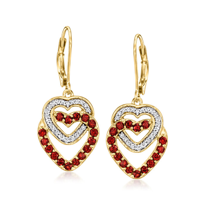 1.20 ct. t.w. Garnet and .21 ct. t.w. Diamond Double-Heart Drop Earrings in 18kt Gold Over Sterling