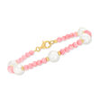 8.5-9mm Cultured Pearl and 4mm Pink Coral Bead Bracelet in 18kt Gold Over Sterling