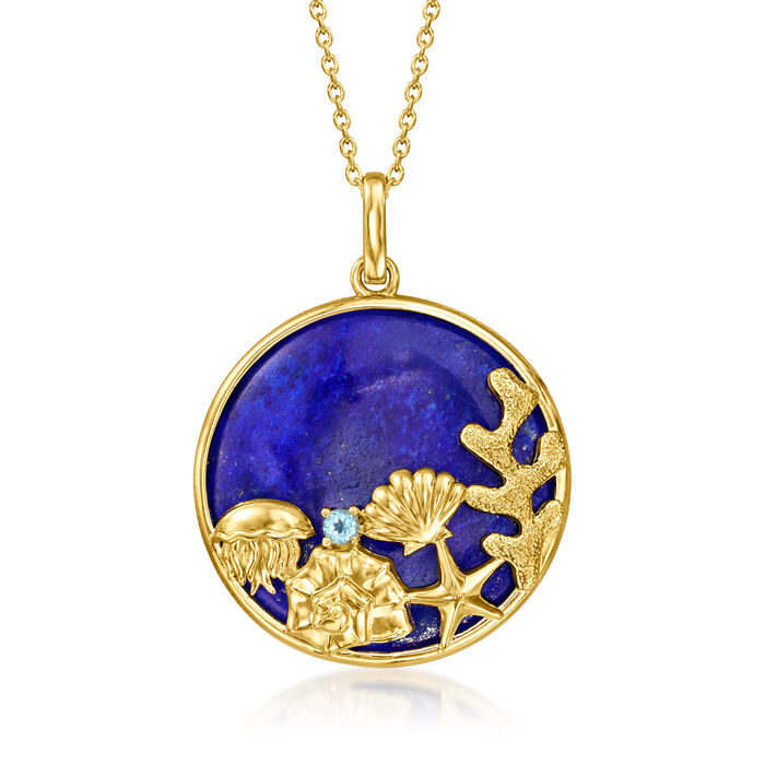 Lapis Sea Life Pendant Necklace with Swiss Blue Topaz Accent in 18kt Gold Over Sterling
