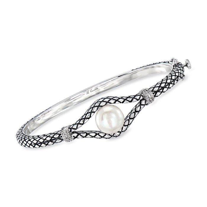 Andrea Candela &quot;Marbella&quot; 10mm Cultured Pearl Bangle Bracelet in Sterling Silver with Diamond Accents and Black Enamel