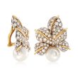 C. 1980 Vintage 10mm Cultured Pearl and 3.00 ct. t.w. Diamond Floral Clip-On Earrings in 18kt Two-Tone Gold