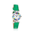 Italian Woman's Floral Multicolored Murano Glass 26mm Watch with Green Leather