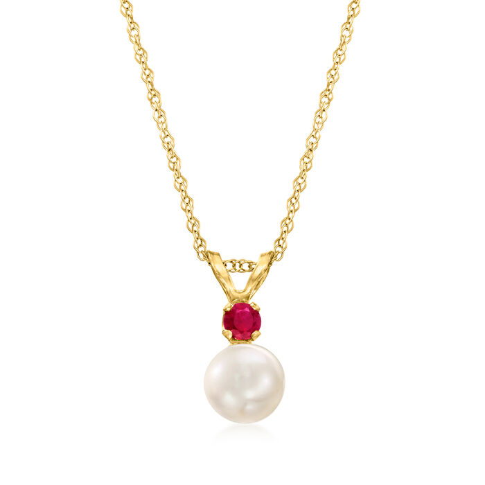 5-5.5mm Cultured Pearl and Ruby-Accented Pendant Necklace in 14kt Yellow Gold