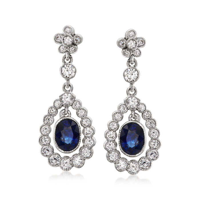 C. 1990 Vintage 2.30 ct. t.w. Sapphire and 1.25 ct. t.w. Diamond Drop Earrings in 18kt White Gold