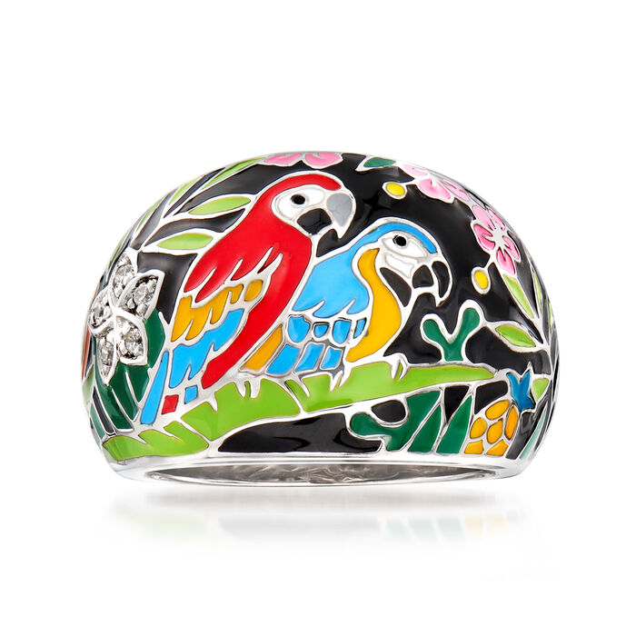 Belle Etoile &quot;Macaw&quot; Multicolored Enamel and .12 ct. t.w. CZ Ring in Sterling Silver