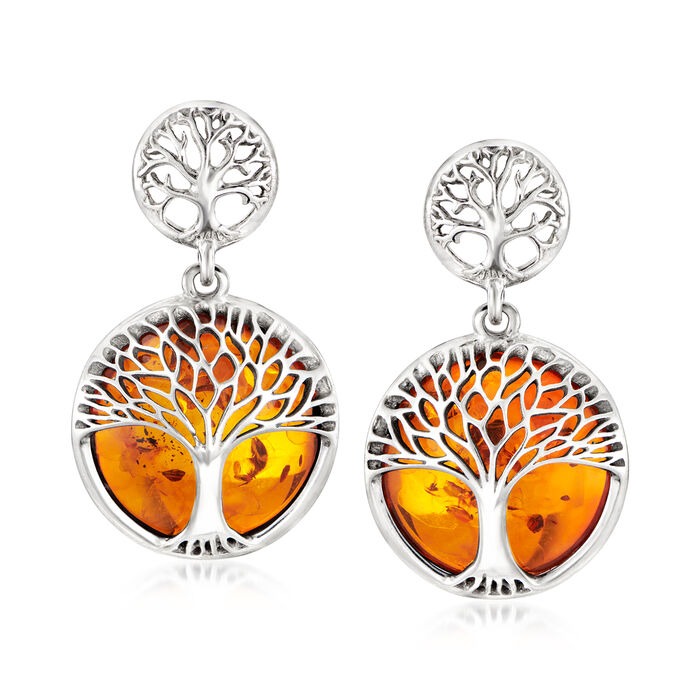 Amber Tree of Life Drop Earrings in Sterling Silver