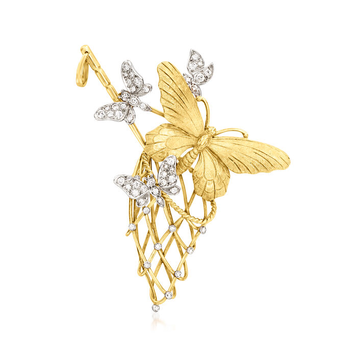 C. 1970 Vintage .85 ct. t.w. Diamond Butterfly Pin in 18kt Yellow Gold and Platinum