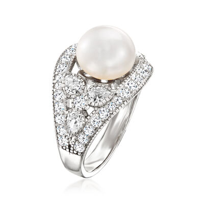9-9.5mm Cultured Pearl and 3.00 ct. t.w. White Topaz Milgrain Ring in Sterling Silver