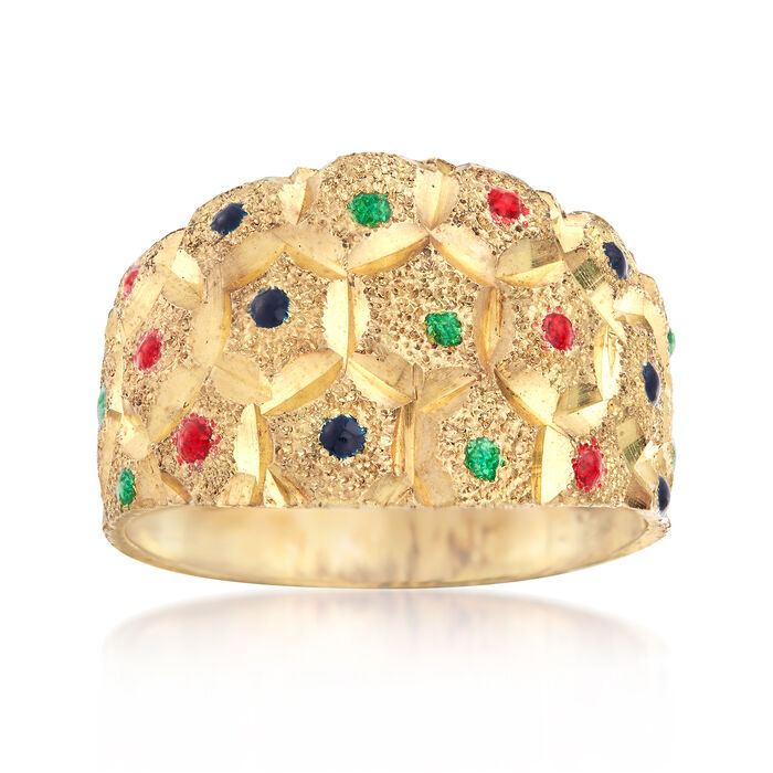 C. 1970 Vintage Honeycomb Styled Ring with Multicolored Enamel in 14kt Yellow Gold