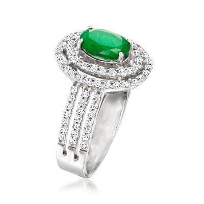 1.10 Carat Emerald and .80 ct. t.w. Diamond Double Halo Ring in 14kt White Gold