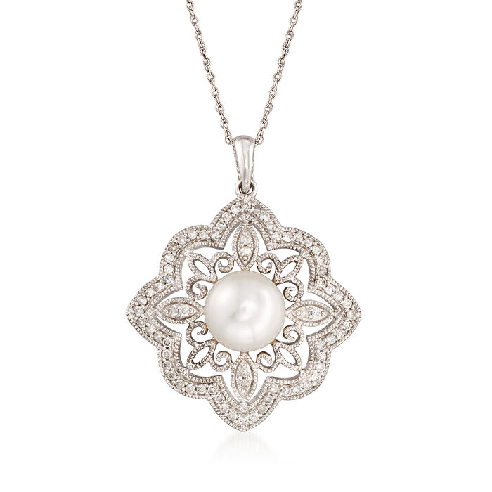 8mm Cultured Pearl and .27 ct. t.w. Diamond Scrolled Pendant Necklace in 14kt White Gold
